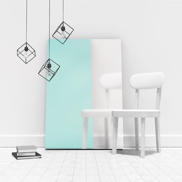 Empty chair by blank picture frame against wall 
