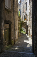 A typical narrow alleyway in the city of Montelimar in France with tall stone buildings and doorways with dark shadows