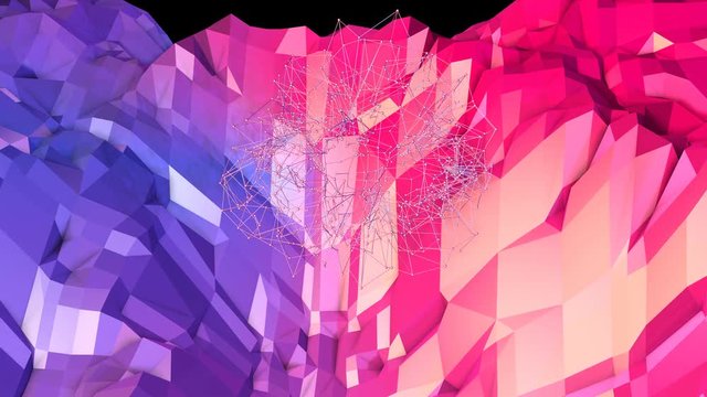 Abstract simple blue red low poly 3D surface as cyber background. Soft geometric low poly motion background with pure blue red polygons. 4K Fullhd seamless loop background with gradient blue red