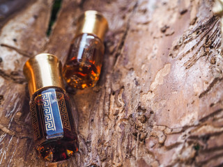 Bottle of oil agarwood tree against the bark. Oil Oudh. Arabic oil Oud natural background of tree bark. Arabian oud attar perfume or agarwood oil fragrances in mini bottle.
