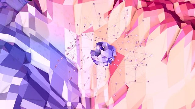 Soft geometric low poly motion background with pure blue red polygons. Abstract simple blue red low poly 3D surface as art background. 4K Fullhd seamless loop background with gradient blue red