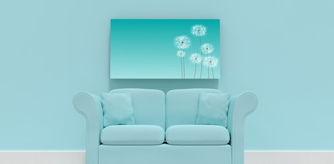 Composite image of 3d illustration of blue sofa with cushions