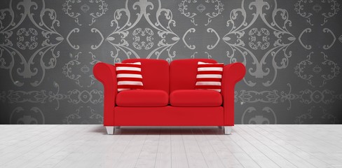Composite image of 3d illustration of red sofa with cushions