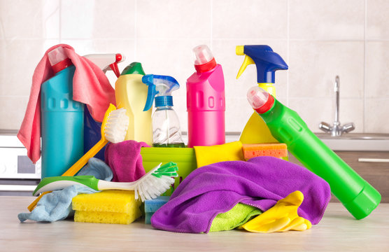 Cleaning products on kitchen table