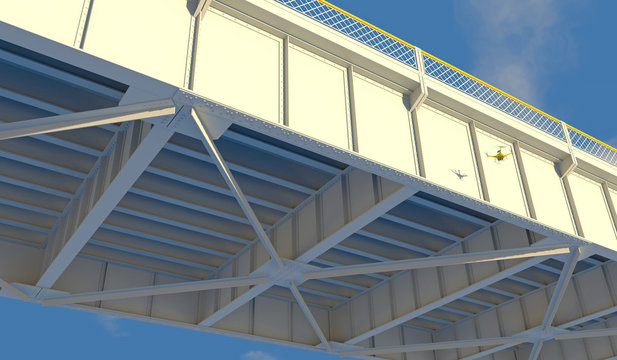 3D render of a UAV drone with top-mounted camera inspecting the underside structure of a steel bridge. Fictitious UAV and bridge, blue sky and motion blur for dramatic effect.