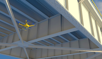 3D render of a UAV drone with top-mounted camera inspecting the underside structure of a steel bridge. Fictitious UAV and bridge, blue sky and motion blur for dramatic effect.