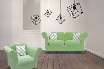 Composite image of 3d image of pendant light against white