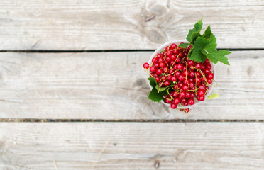 Red currant in a bowl on th wooden background