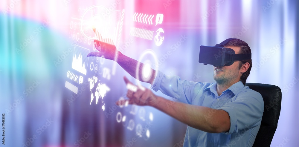 Poster composite image of man using virtual reality glasses while
