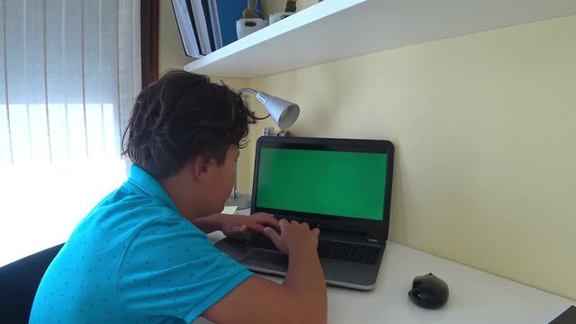 Young boy with green screen laptop monitor