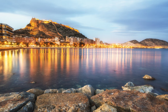 Colorful burning lights of Alicante at the night, Costa Blanca, Valencia province. Spain.