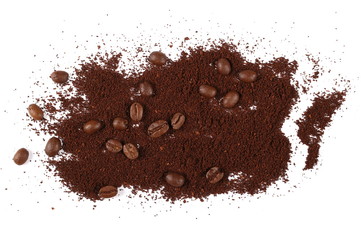 Pile of powdered, instant coffee and beans isolated on white background, top view