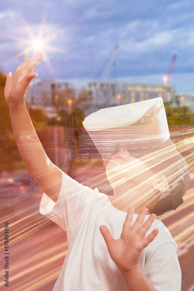Poster composite image of boy using virtual reality simulator glasses