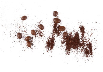 Pile of powdered, instant coffee and beans isolated on white background, top view