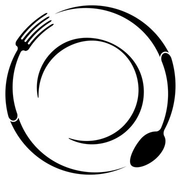 Abstract logo of a cafe or restaurant. A spoon and fork on a plate. A simple outline.