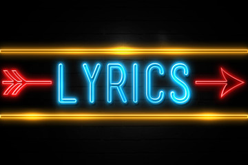 Naklejka na ściany i meble Lyrics - fluorescent Neon Sign on brickwall Front view