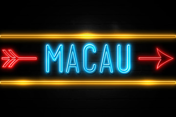 Macau  - fluorescent Neon Sign on brickwall Front view