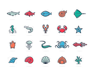 Fototapeta premium Set of vector fish and sea food colored line icons. Shrimp, oyster, squid, crab, ell, fugu, lobster, carp, sturgeon, jellyfish, octopus, turtle, starfish, coral, sell, seahorse and more. Editable
