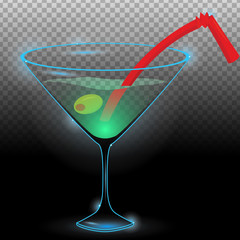 Classic martini cocktail with olive and red straw transparent