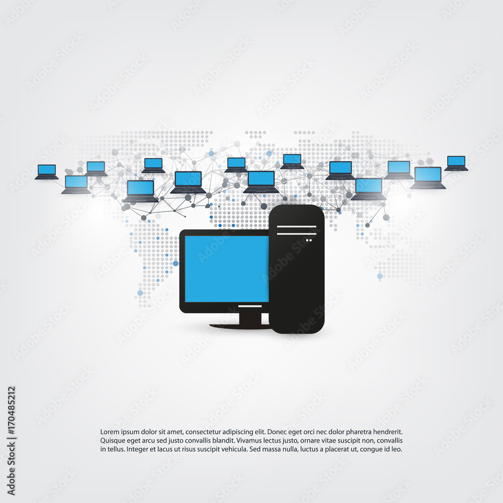 Poster networks - abstract cloud computing and global network connections concept design with world map and