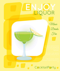 Green cocktail in coupe glass with slice of lime on yellow rectangles