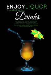 Orange cocktail with straw and decorative umbrella on black