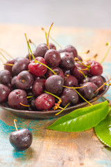 Fresh ripe black cherries in a bowl on a wooden background