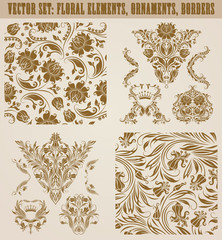 Set of gold damask seamless ornaments. Floral elements, corners, ornate borders, filigree crowns, arabesque for design. Page, web royal decoration on background in vintage style. Vector illustration.