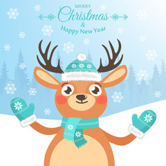 Happy New Year and Merry Christmas. Lovely postcard with a reindeer