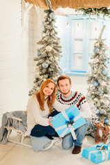 Obraz na płótnie Canvas Merry Christmas and Happy New Year. Happy couple smile in a cozy