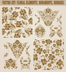 Set of gold damask seamless ornaments. Floral elements, corners, ornate borders, filigree crowns, arabesque for design. Page, web royal decoration on background in vintage style. Vector illustration.