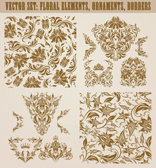 Set of gold damask seamless ornaments. Floral elements, corners, ornate borders, filigree crowns, arabesque for design. Page, web royal decoration on background in vintage style. Vector illustration.