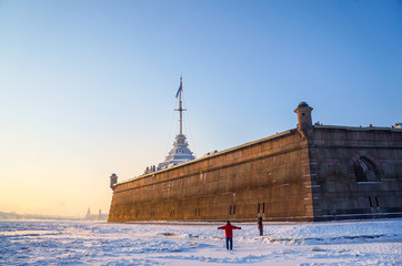 Fototapeta premium City winter landscape. Winter Saint-Petersburg. Frosty day on the river Neva. Winter Russia. 