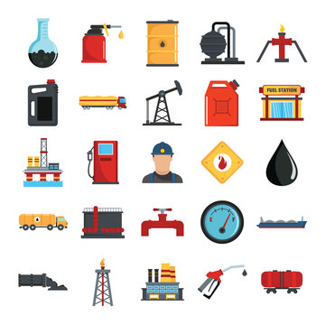 Oil gas industry flat icons set with offshore platform drilling rig and tanker