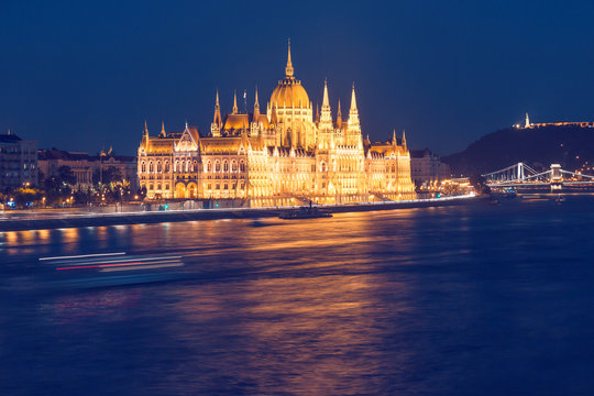 Budapest parliament building night scene