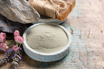 Nature cosmetics, handmade preparation with essential oils and ancient minerals of creams, soaps,...