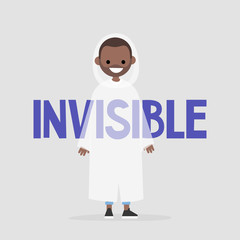 Young black character wearing an invisibility cloak. Transparency conceptual illustration. Flat editable vector illustration, clip art
