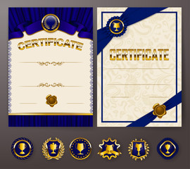Set of elegant templates of diploma with lace ornament, ribbon, wax seal, drapery fabric, badges, place for text. Certificate of achievement, education, awards, winner. Vector illustration EPS 10.