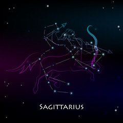 Sagittarius Zodiac Sign and the Constellation against a dark starry sky. Vector illustration on a black background