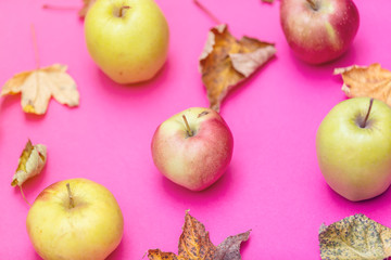 Eco apples and leaves on pink background