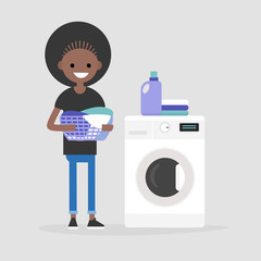Black female character holding a laundry basket. Laundromat. Detergent. Daily chores concept. Flat editable vector illustration, clip art