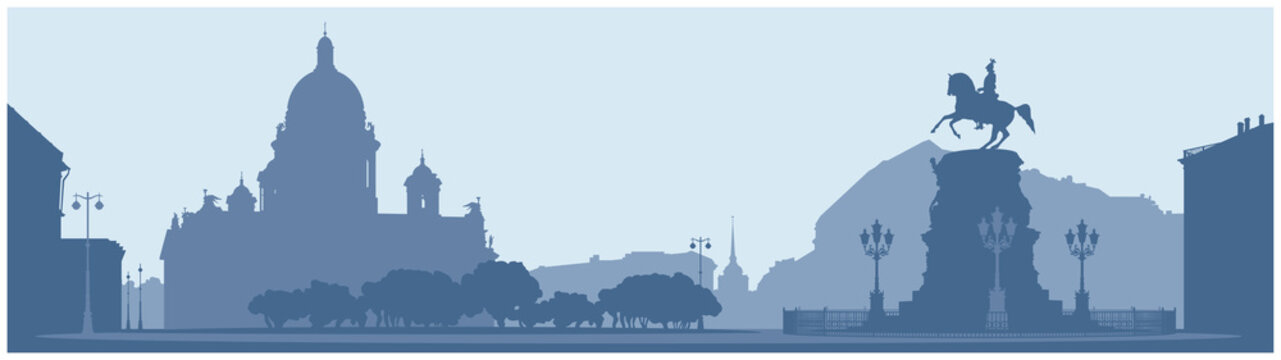 Saint Isaac's Square in Saint Petersburg, Russian Landmark vector illustration, Saint Isaac's Cathedral, Emperor Nicholas I monument, Admiralty and Astoria hotel, white night silhouettes series 