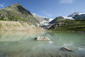 The Steingletscher melting down into the Steinsee on the Sustenpass in Swiss Alps