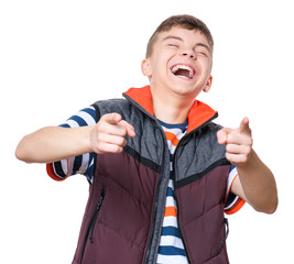 Emotional portrait of caucasian teen boy. Funny teenager pointing at camera choosing you while...