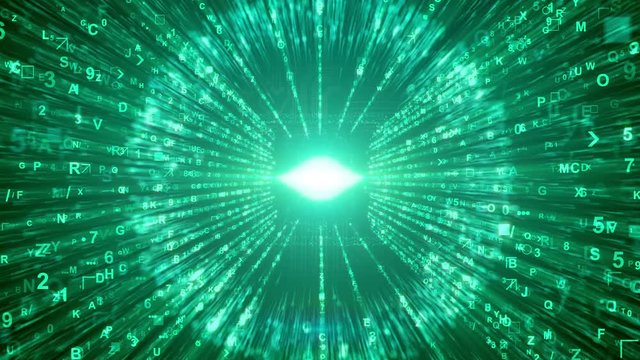 3d rendering of a central processor unit with a logo of Bitcoin passing through iris in effect and exploding suddenly with numerous green digits, letters, signs,dashing like rays of a projector