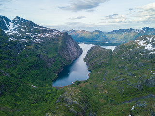 Naklejka na ściany i meble Mountain landscapes on the Norwegian Sea in Troll fjord. Aerial view