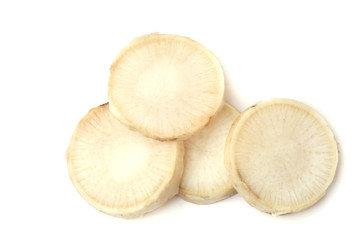sliced root daikon white background