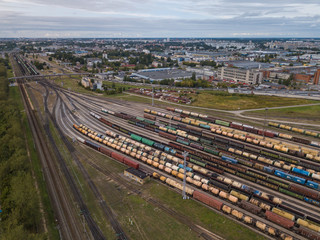 Wagons, docking station, railway. Aerial view. 