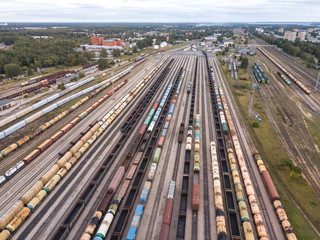 Fototapeta na wymiar Wagons, docking station, railway. Aerial view. 