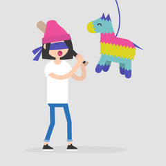 Young blindfolded girl breaking a Pinata with a baseball bat / flat editable vector illustration, clip art